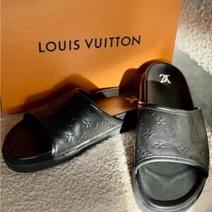 Louis Vuitton Black Monogram Embossed Slide Sandals